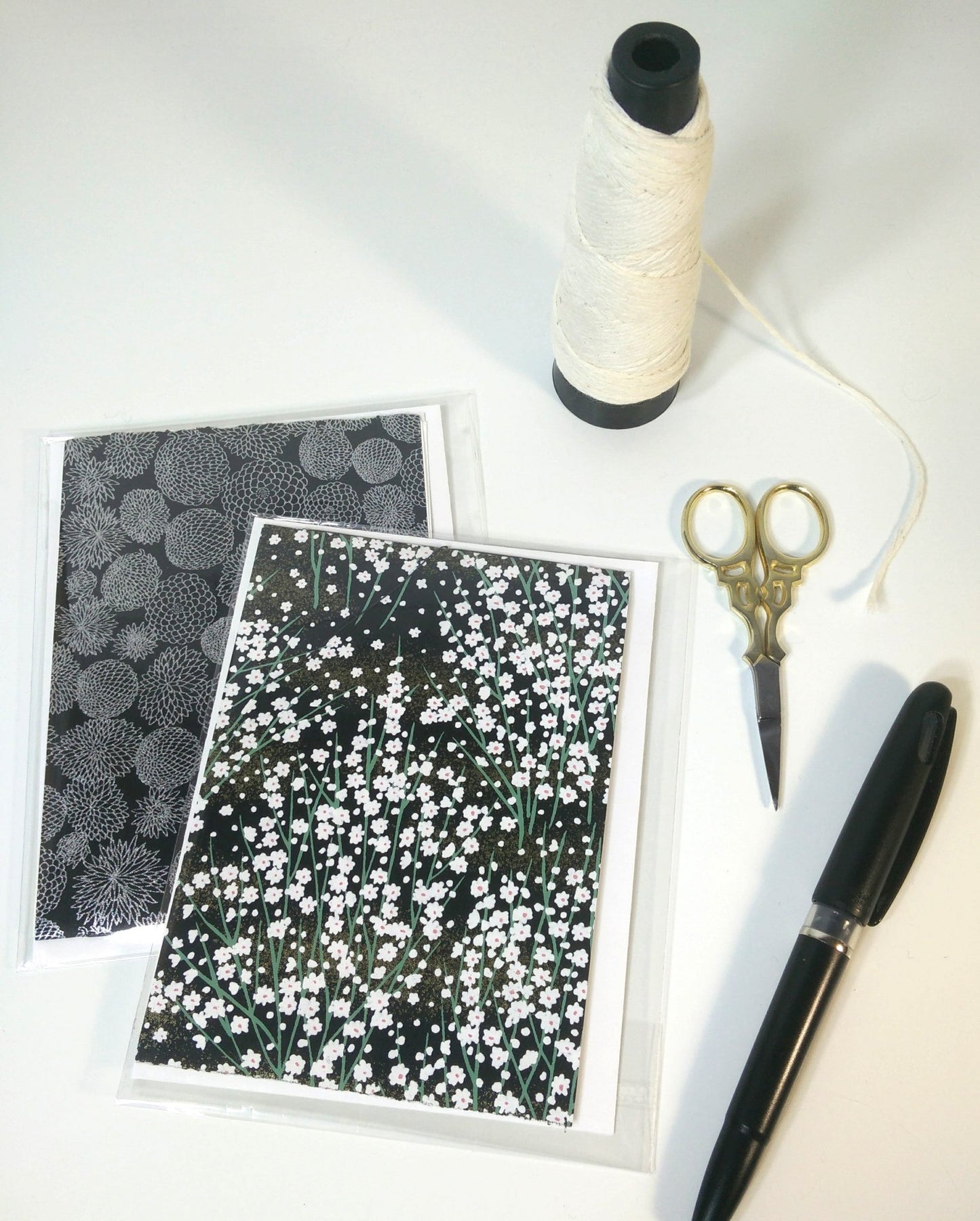 Handsewn Chiyogami Cotton Rag Blank Card | Black daisies