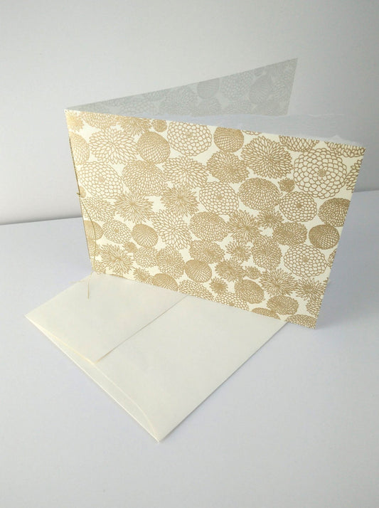 Handsewn Chiyogami Cotton Rag Blank Card | Gold Chrysanthemums