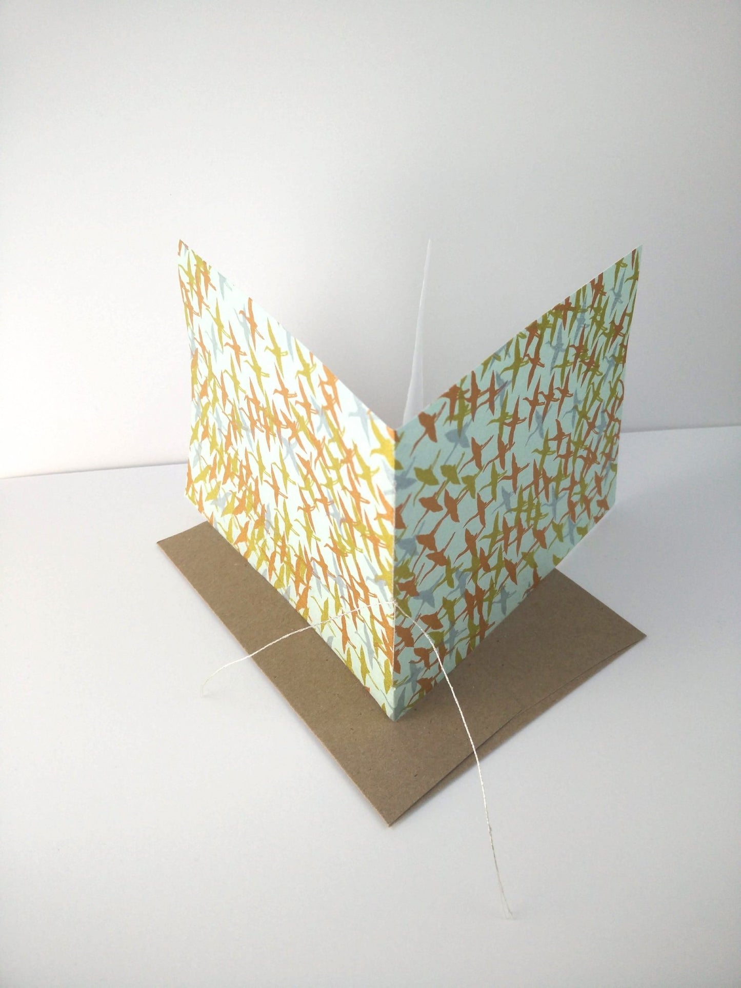 Handsewn Chiyogami Cotton Rag Blank Card | Metallic birds